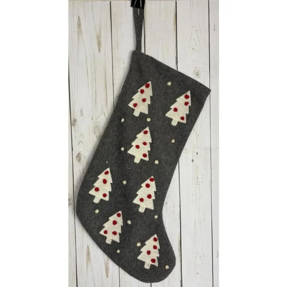 Rachel Zoe Xmas‎ Stocking Holiday Trees Embroidered Gray 1829